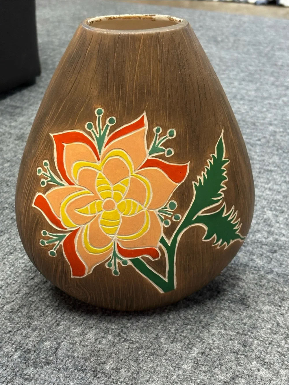 Peruvian Ceramic Vase with Hand-Painted Orange Floral Design